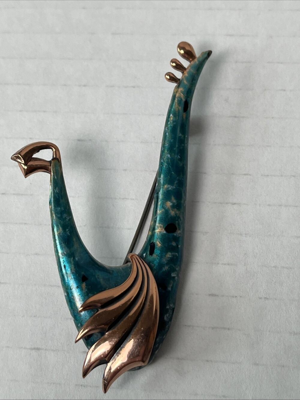 Vintage Matisse Renoir Turquoise Enamel Copper Bird Brooch Signed MCM